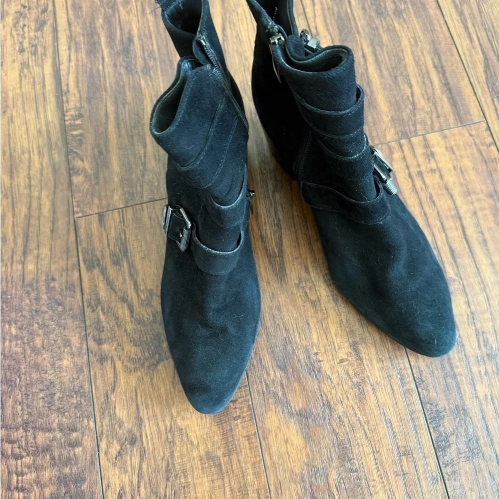 Blue Velvet Brand Black Suede Leather Ankle Boots with Triple Buckle